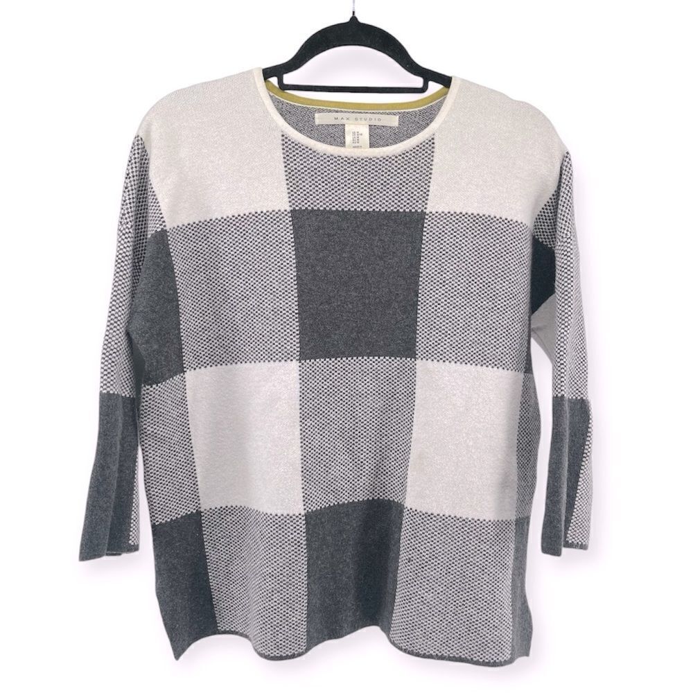 Max Studio Women’s Checked Plaid Black White Quarter Sleeve Pullover Sweater Med